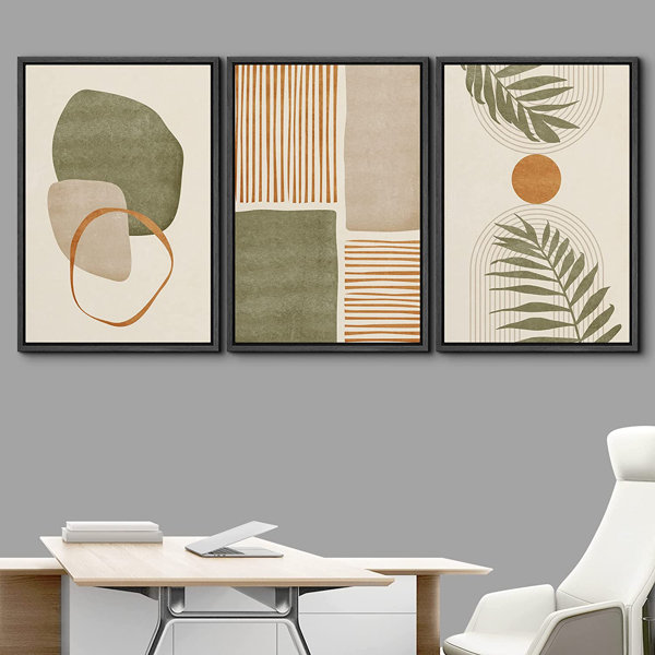 IDEA4WALL Framed Canvas Print Wall Art Set Geometric MidCentury Green